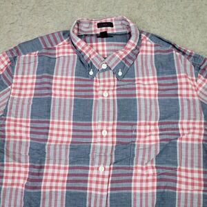 J Crew Linen Blend Slim Fit Shirt Mens L Blue Pink Plaid Long Sleeve Button Down
